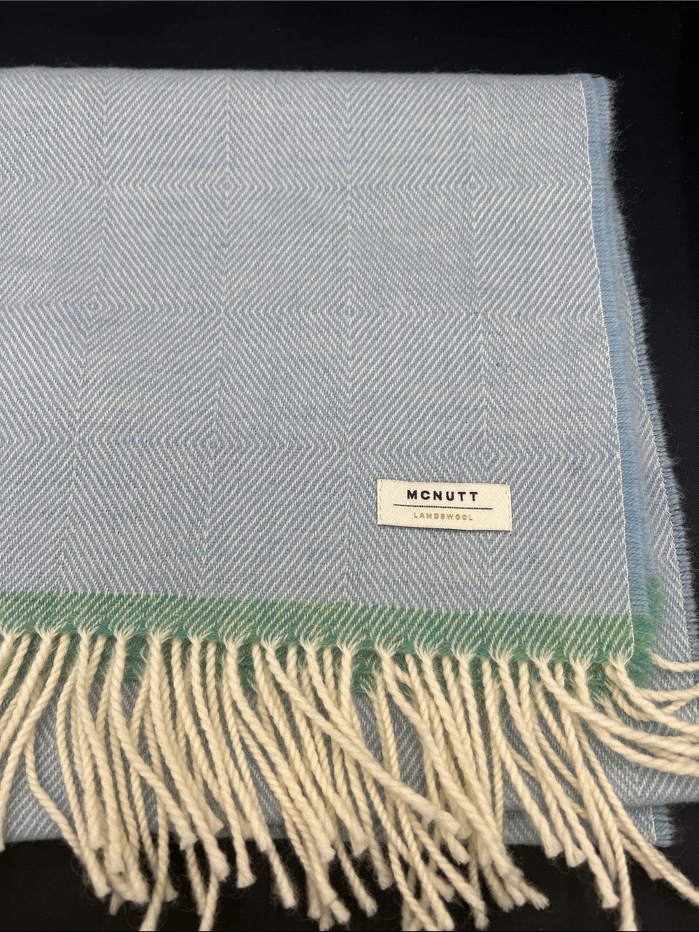 McNutt Baby Blanket Light Blue Lambswool Throw with Cream Fringe and Green Trim